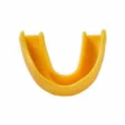 A yellow mouthguard in the shape of a U, commonly used for protecting teeth during sports activities.